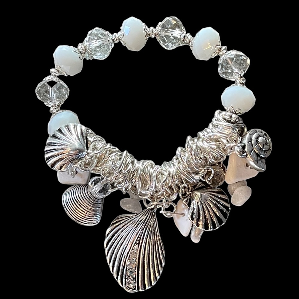 Stretch Silver & White Seashell Bracelet - Picture 2 of 10